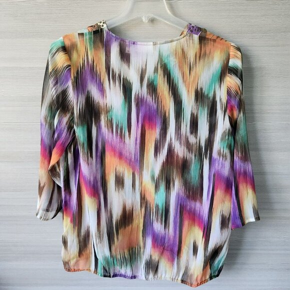 Chicos Womens Multicolor Ikat Boho Peasant Print Beaded Tunic Top Size 2 - Picture 2 of 11